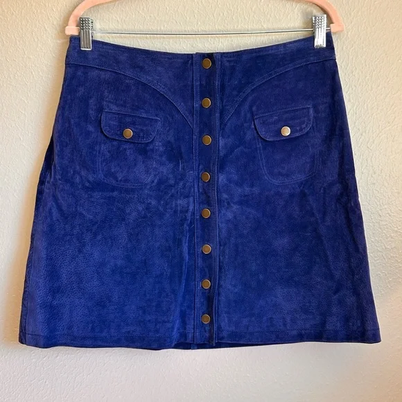 ANTHROPOLOGIE Suede Leather Vintage 70's Suede Button Mini Skirt Blue - Picture 3 of 6